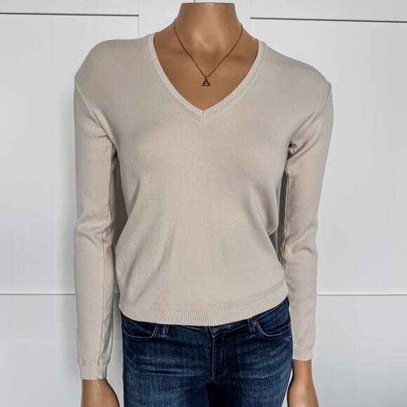 United Colors of Benetton-V-Neck Long Sleeve Beige Sweater in Pure Cotton-XS/S - Picture 1 of 7